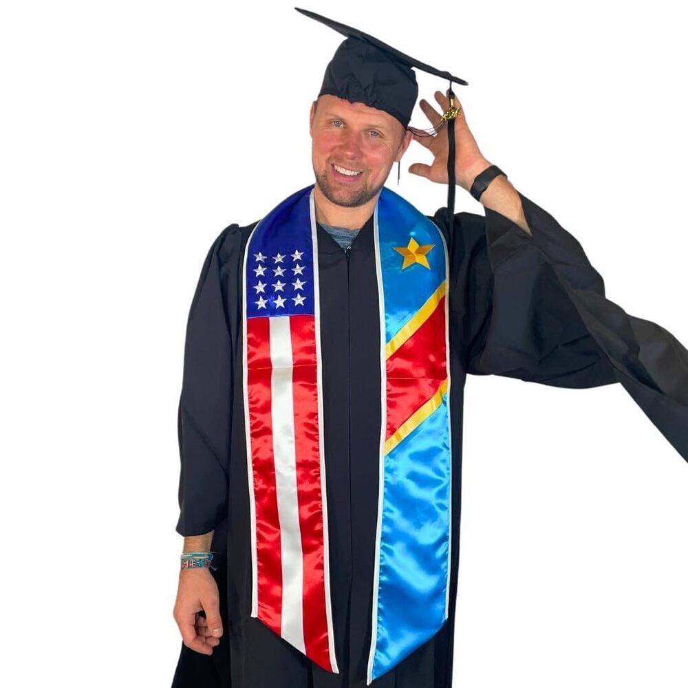 2078 Two Flag Graduation Sash Stole USA + International Congo & USA